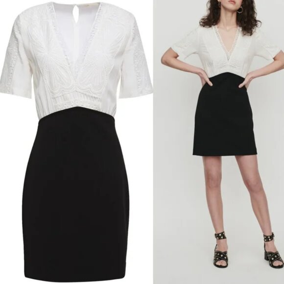Maje Dresses & Skirts - Maje Paris Black & White Embroidered V-Neck Mini Dress – Size 2